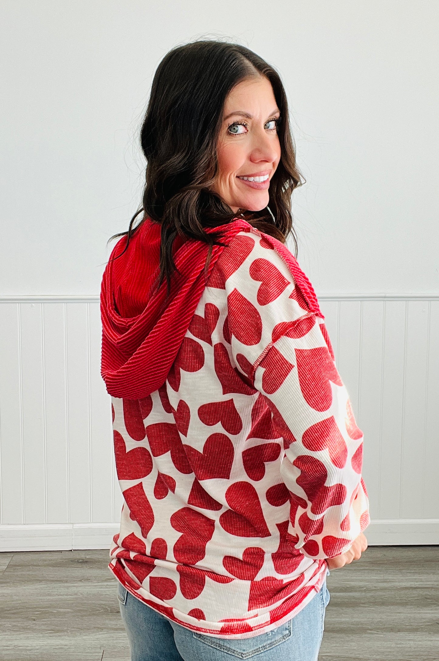 Ivory/Red Ribbed Trim Hearts Hoodie Top (Reg & Plus)