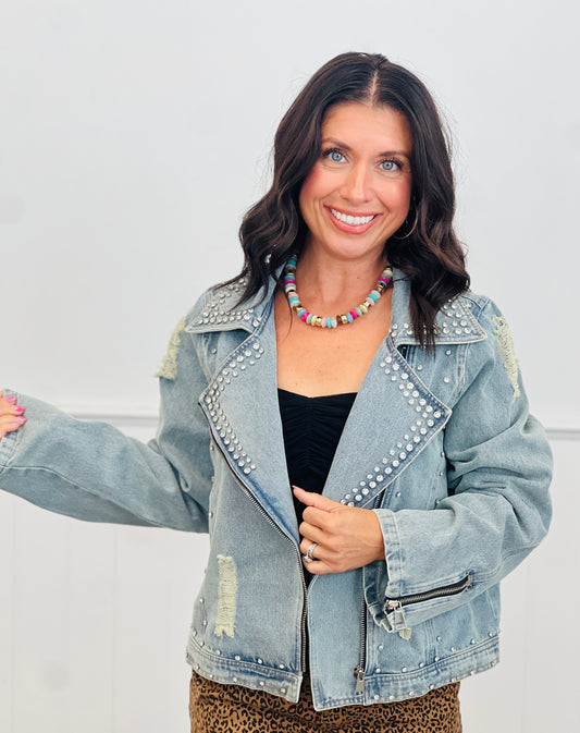 Denim Rhinestone Zip Up Moto Jacket (Reg. & Plus)