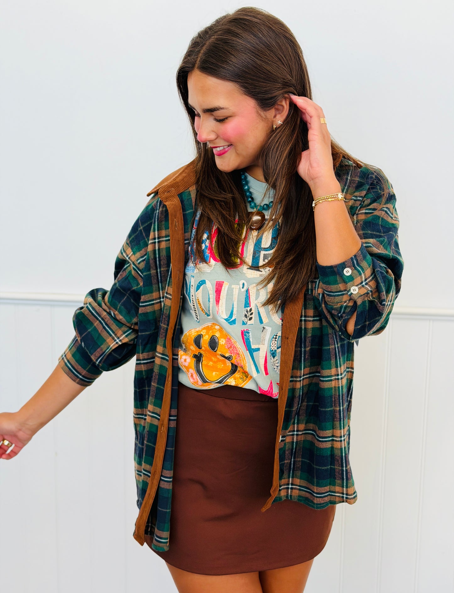 Plaid Corduroy Trim Shirt (Reg & Plus) - 2 Colors