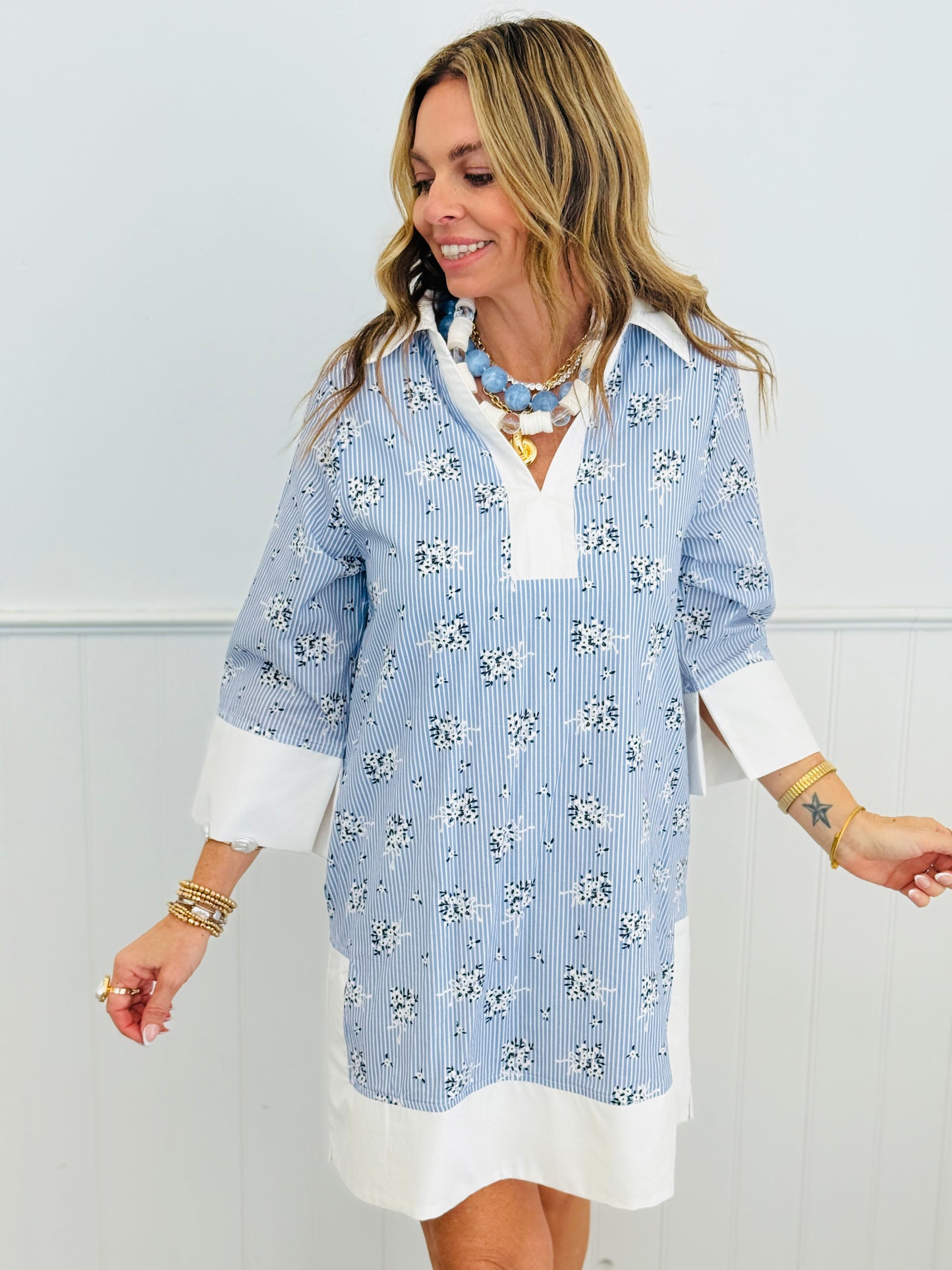 Blue Floral Stripe Mini Dress (Reg.)