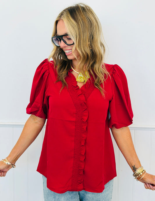 Wine Red Bubble Sleeve Blouse (Reg. and Plus)