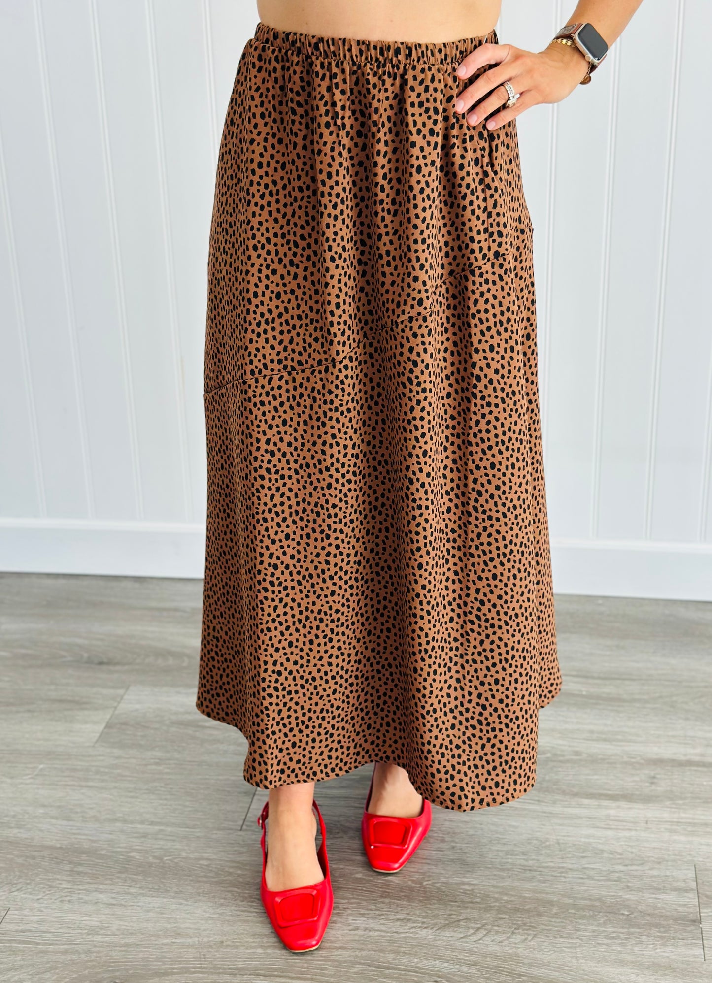 Brown/Black Dotted Pocket Midi Skirt ( Reg. and Plus)