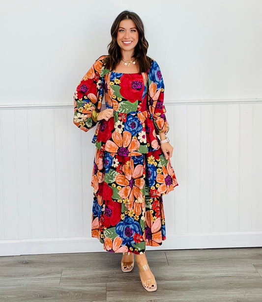 Floral Printed Tired Ruffle Midi Dress (Reg. and Plus)