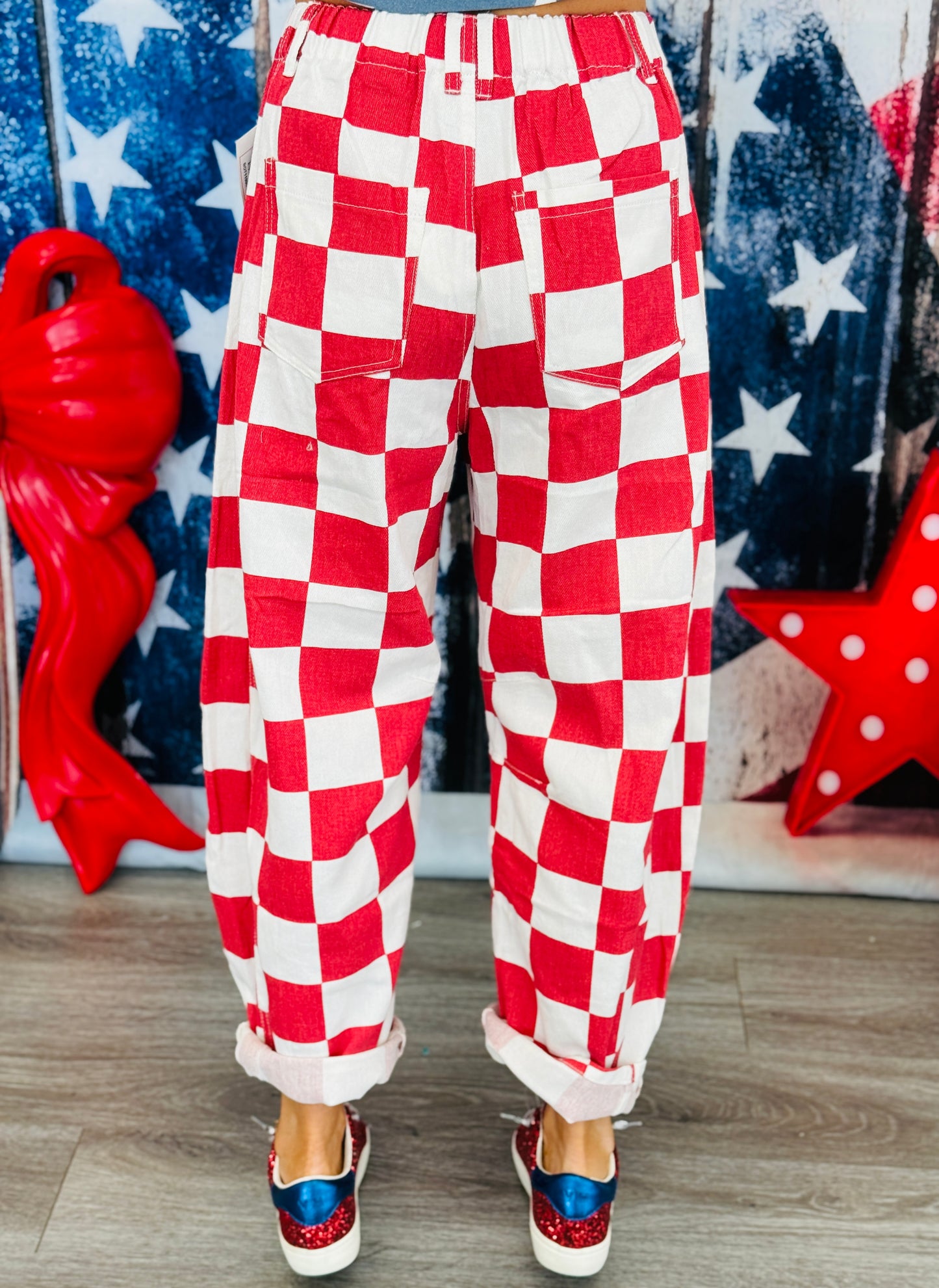 Red Checkered Print Barrel Pants (Reg. and Plus)