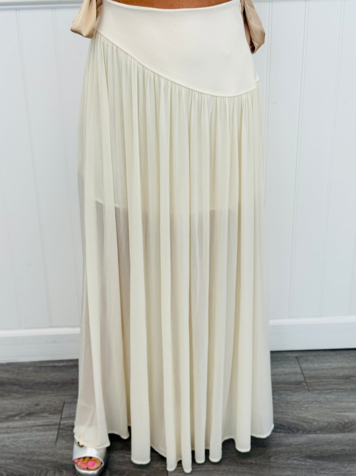Beige Semi Sheer Overlay Top & Maxi Skirt Set (Reg.)