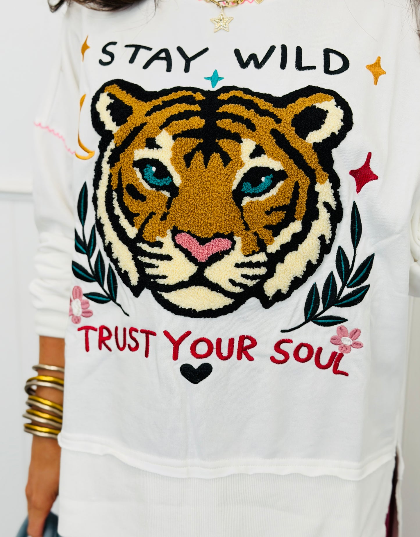 White Stay Wild Tiger Patch Sweatshirt (Reg & Plus)