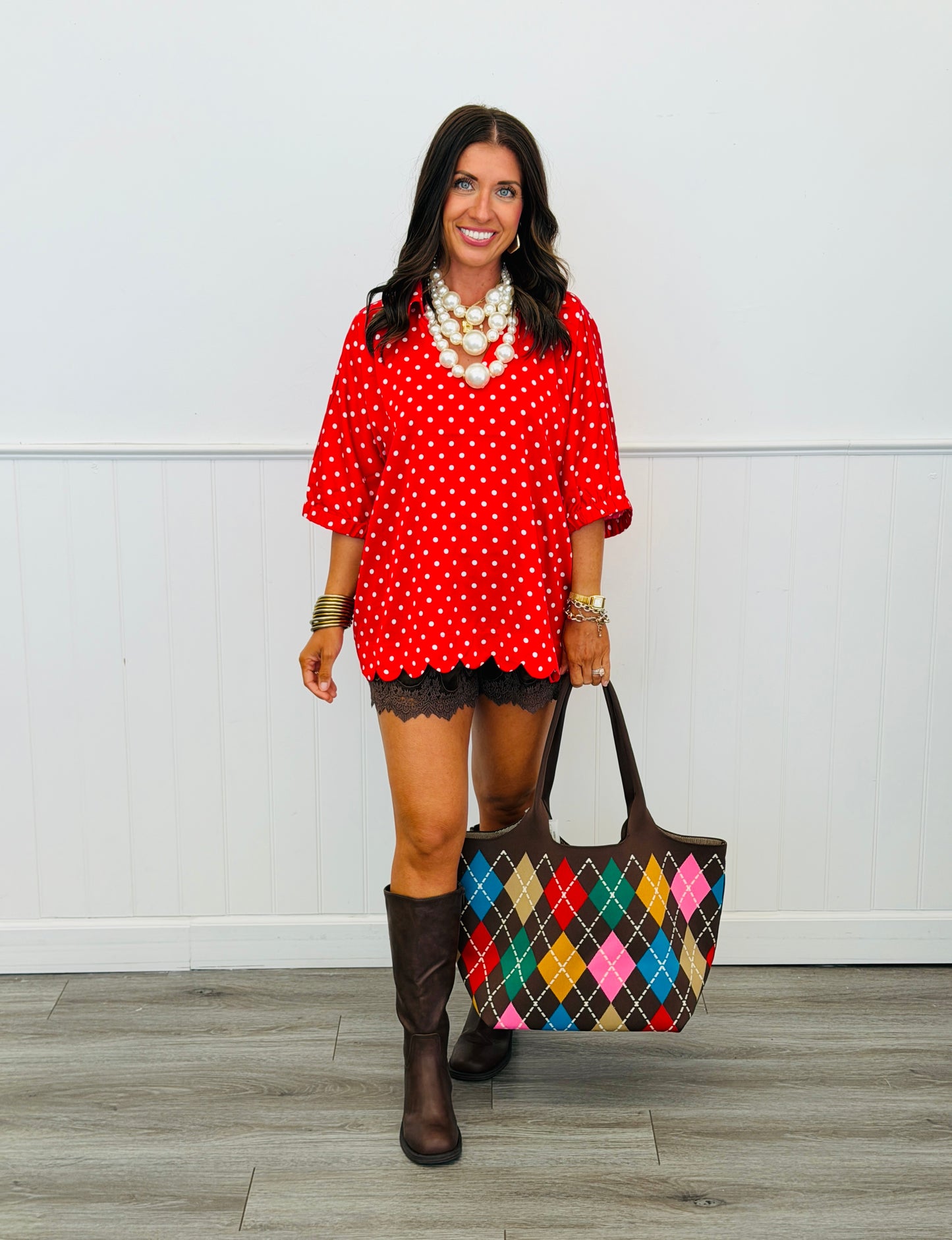 Polka Dot Satin Scallop Trim Top (Reg.) - 2 Colors