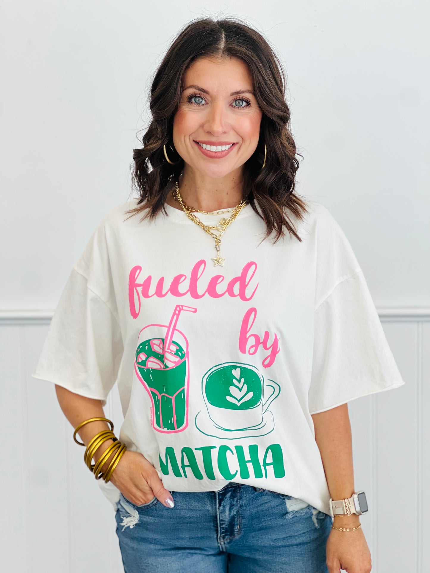 White Fueled By Matcha Graphic Tee  (Reg. & Plus)