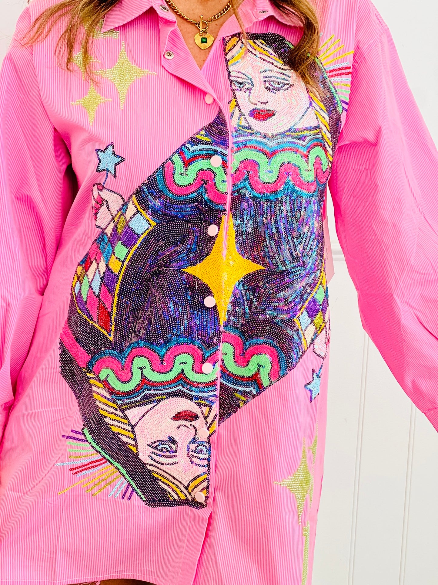 Queen Of Sparkles Pink Queen Card Button Up Dress (Reg. and Plus)