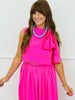 Hot Pink Pleated Shoulder Bow Tie Blouse (Reg.)
