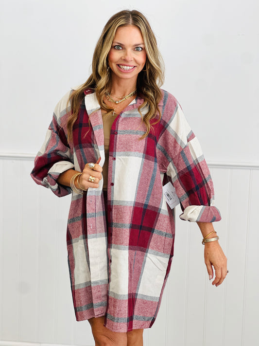 Wine Combo Plaid Oversized Button Down Top (Reg.)