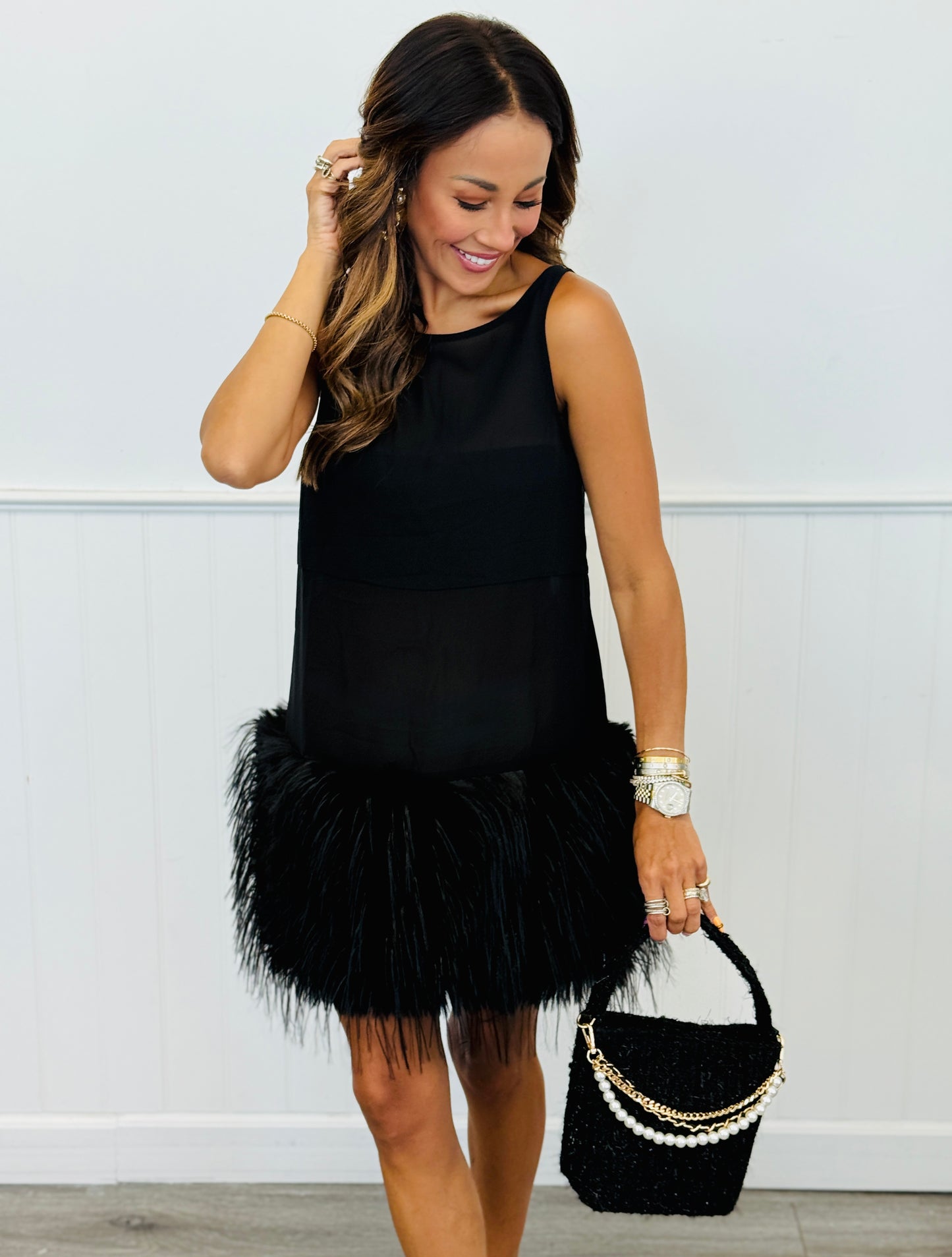 Black Feather Hem Shift Sheer Sleeveless Mini Dress (Reg.)