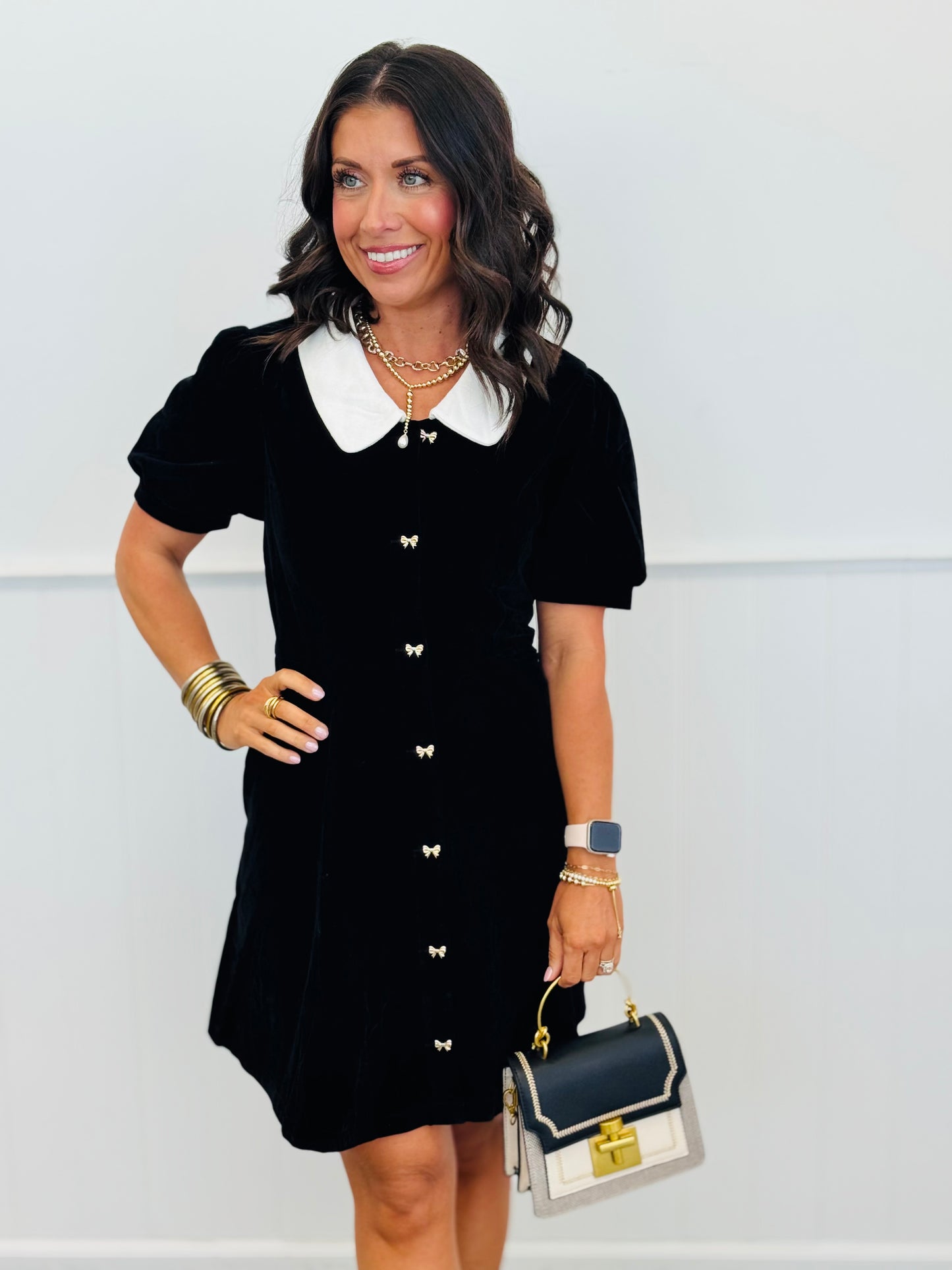 Black Bow Detail Buttons Mini Skater Dress (Reg.)