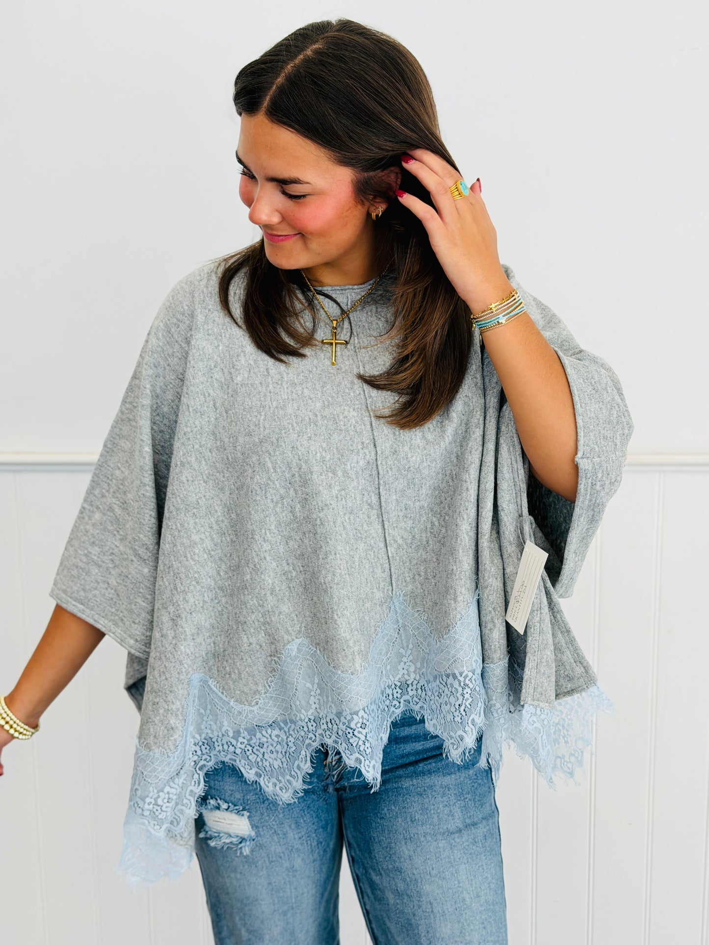 H Grey Lace Hem Detail Poncho Top (Reg.)
