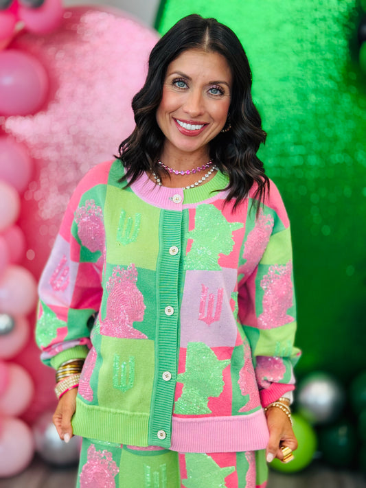 Queen Of Sparkles Licensed Pink/Green Glinda & Elphaba Profile Cardigan (Reg. and Plus)