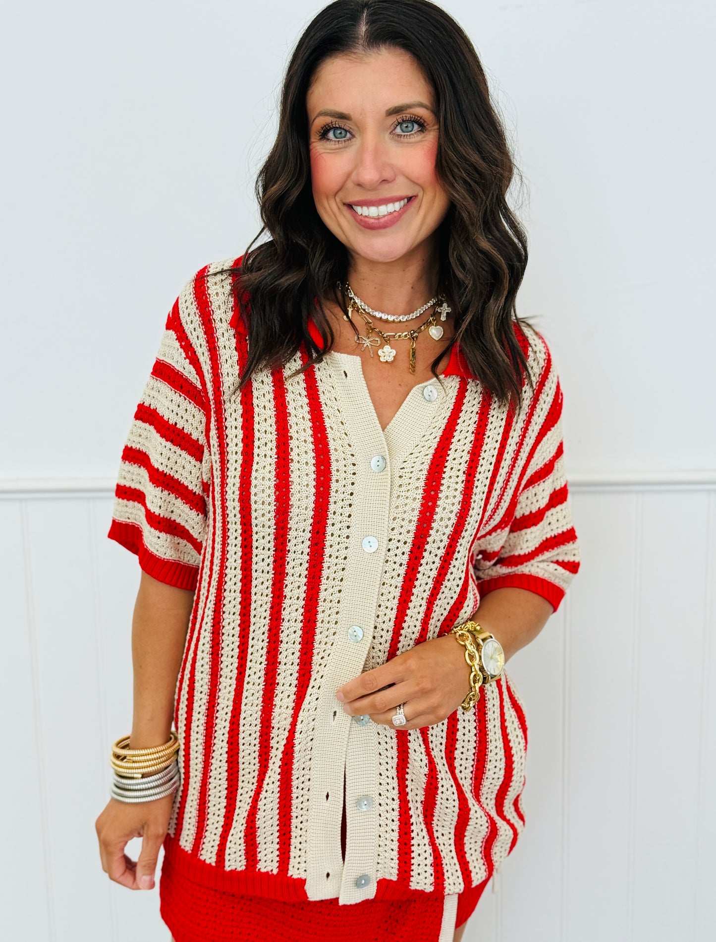 Cherry Tomato Striped Crochet Knit Button Down Top (Reg.)