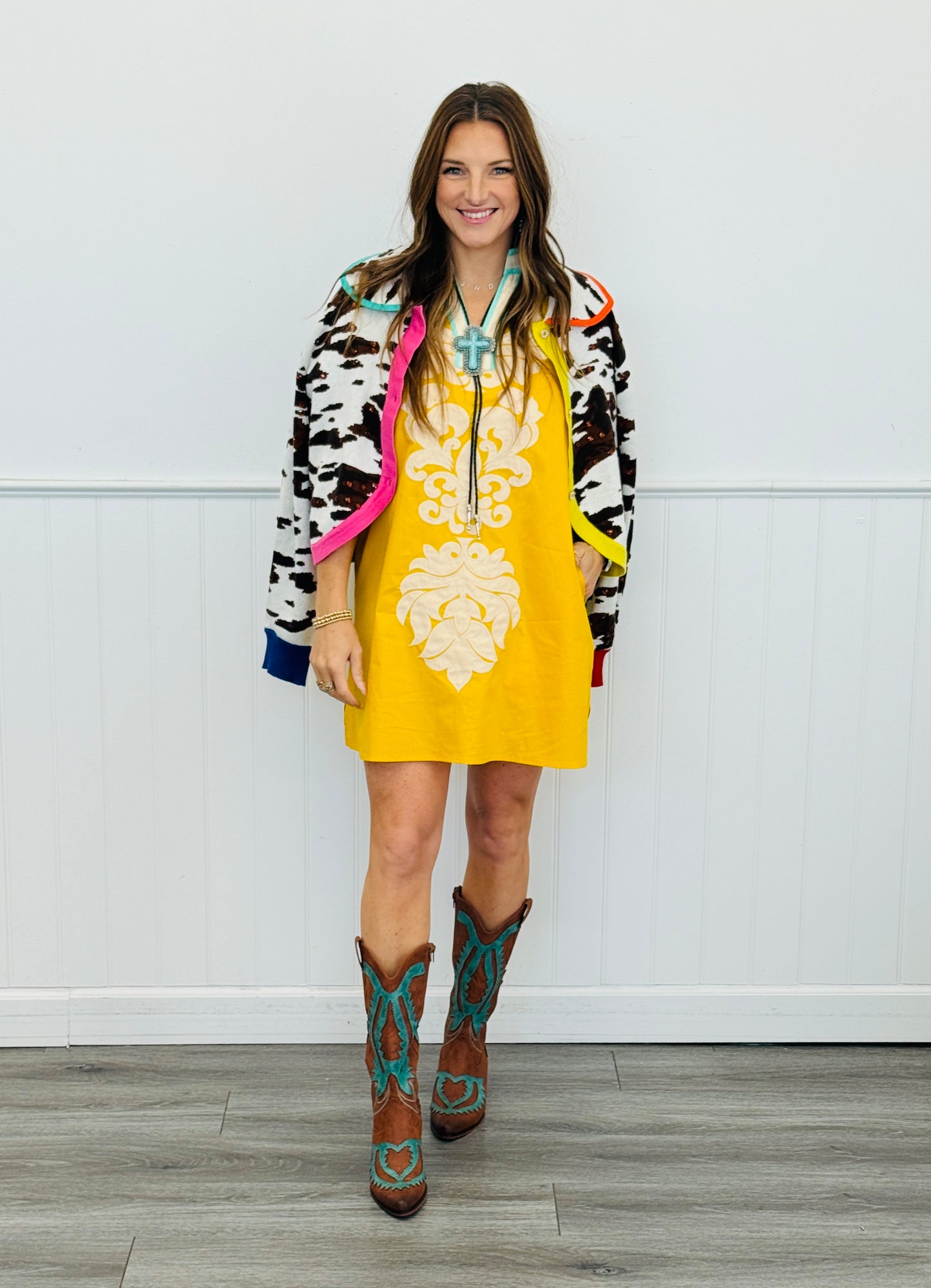 Yellow Contrast V-Neck Balloon Sleeve Mini Dress (Reg.)