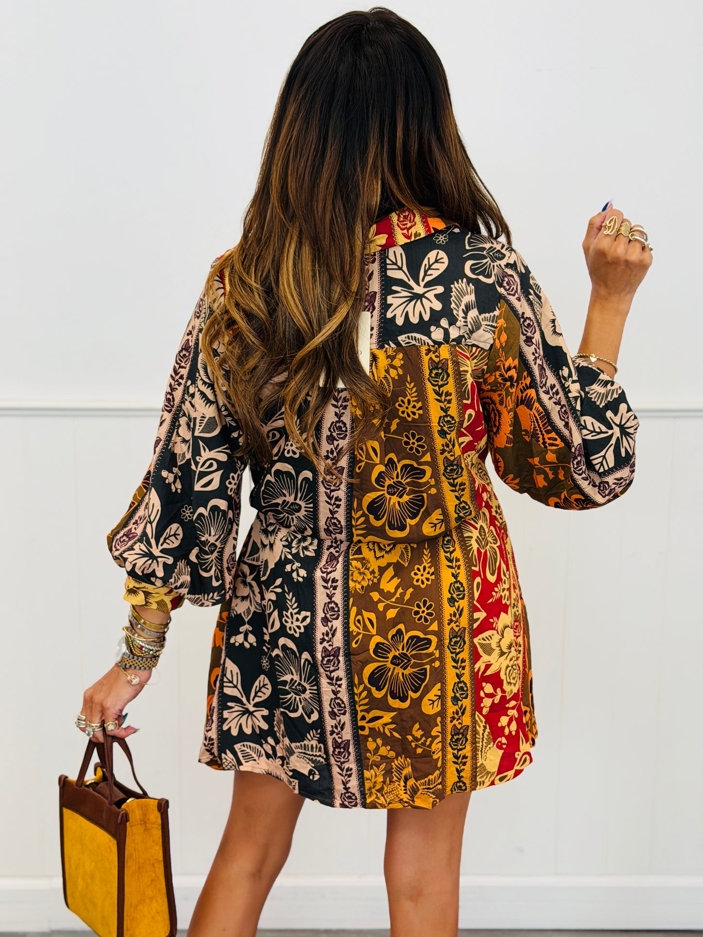 Brown Botanical Stripe Print Mini Dress (Reg & Plus)