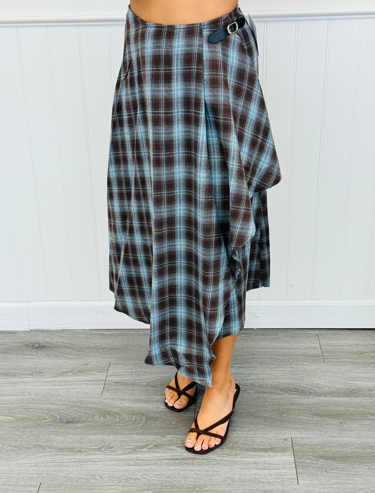 Brown/Blue Combo Plaid Wrap Midi Skirt (Reg & Plus)