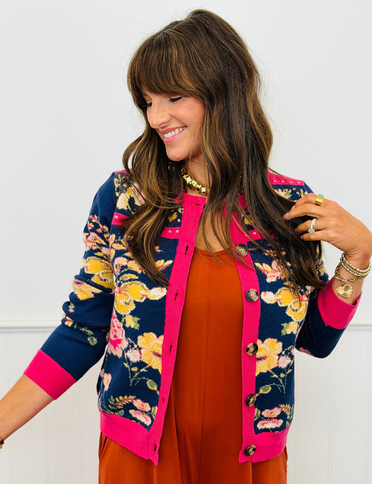 Navy/Fuchsia Floral Button Front Cardigan (Reg.)