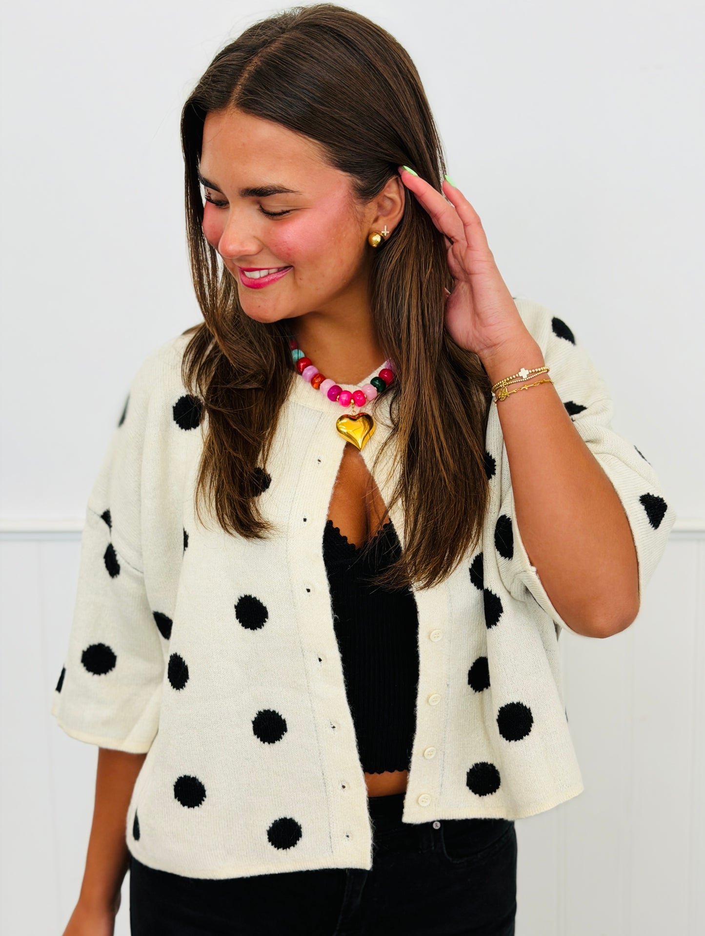 Cream/Black Polka Dot Short Sleeve Cardigan (Reg and Plus)