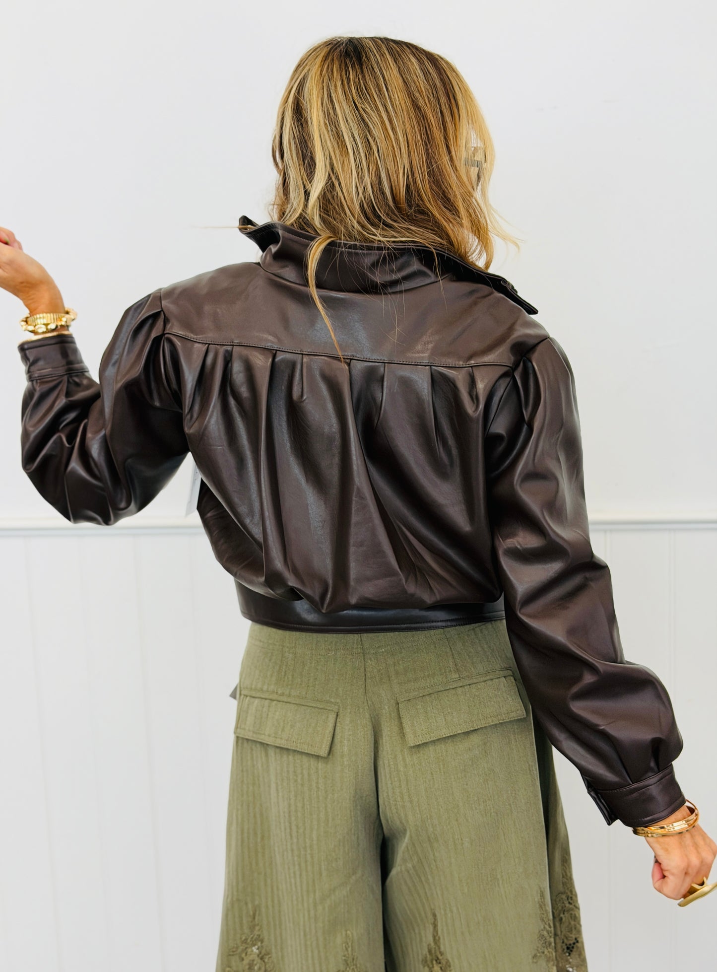 Chocolate Faux Leather Bomber Jacket (Reg.)