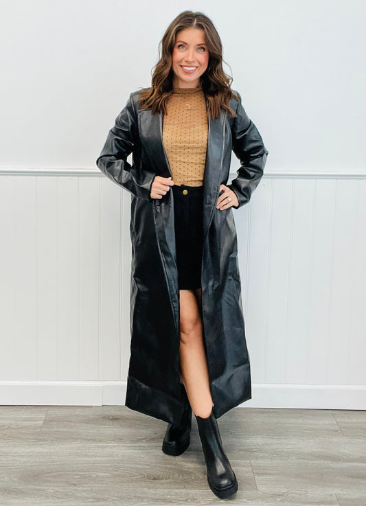 Black Faux Leather Midi Trench Coat (Reg)