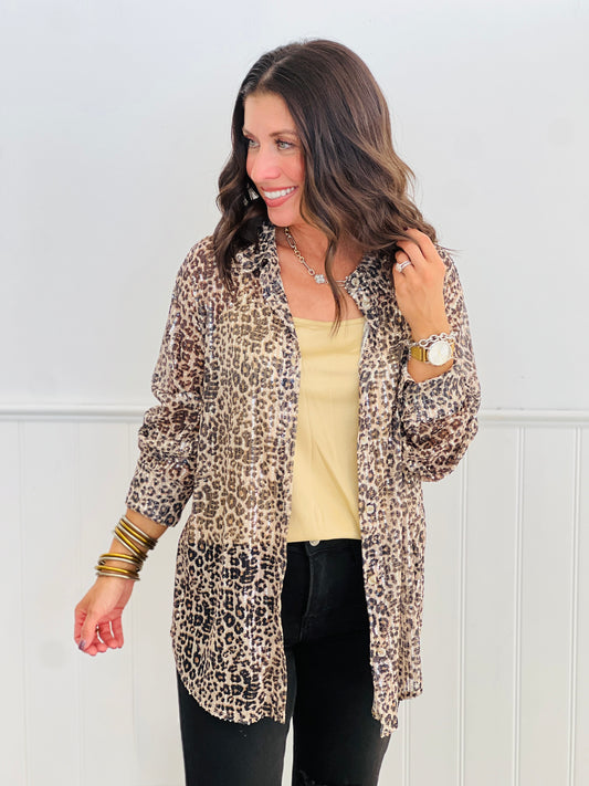 Leopard Shimmy Sequin Long Sleeve Top (Reg. and Plus)