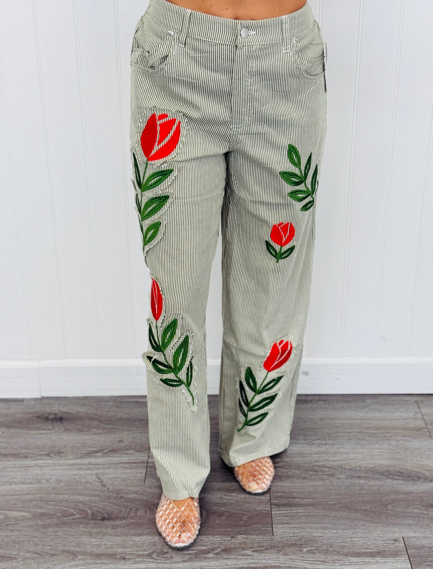 Striped Floral Embroidered Pants (Reg. and Plus) - 2 Colors