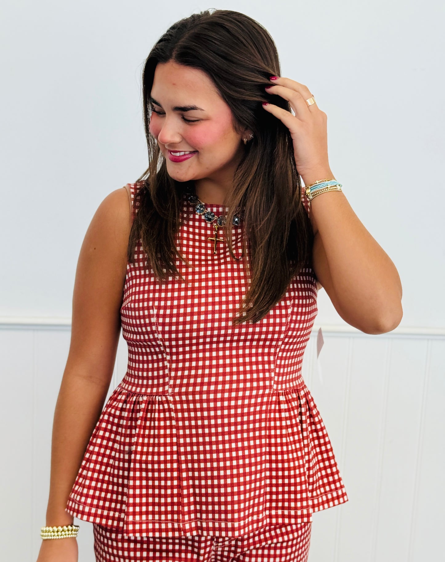 Gingham Peplum Sleeveless Top (Reg.) - 2 Colors
