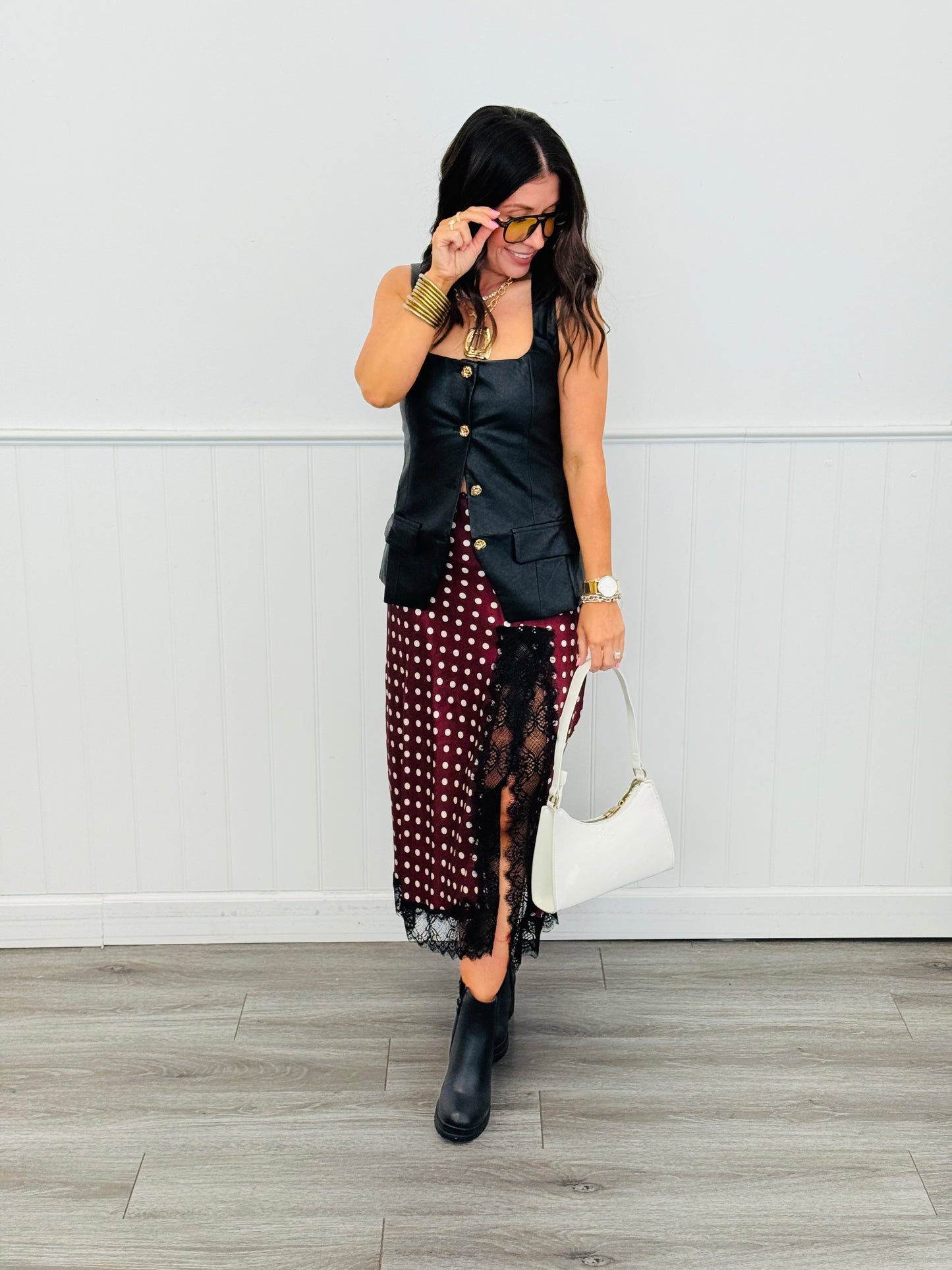 Polka Dot Satin Lace Trim Midi Skirt (Reg.)- 2 Colors