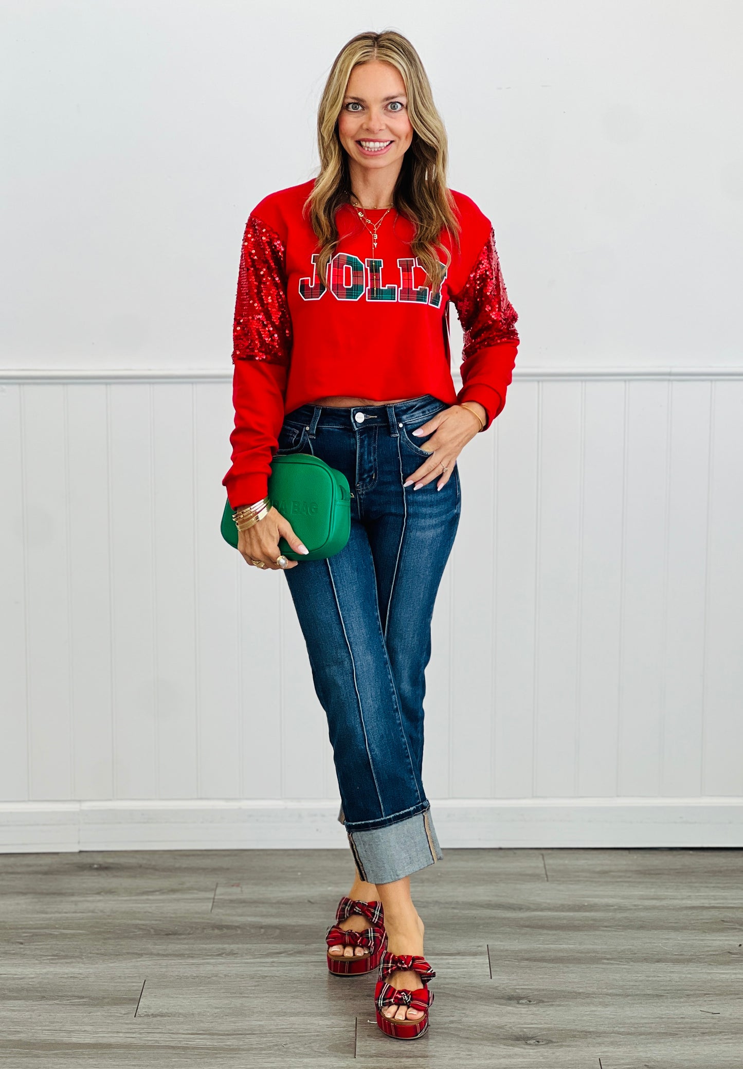 Red Jolly Sequin Sleeve Sweatshirt (Reg. and Plus)