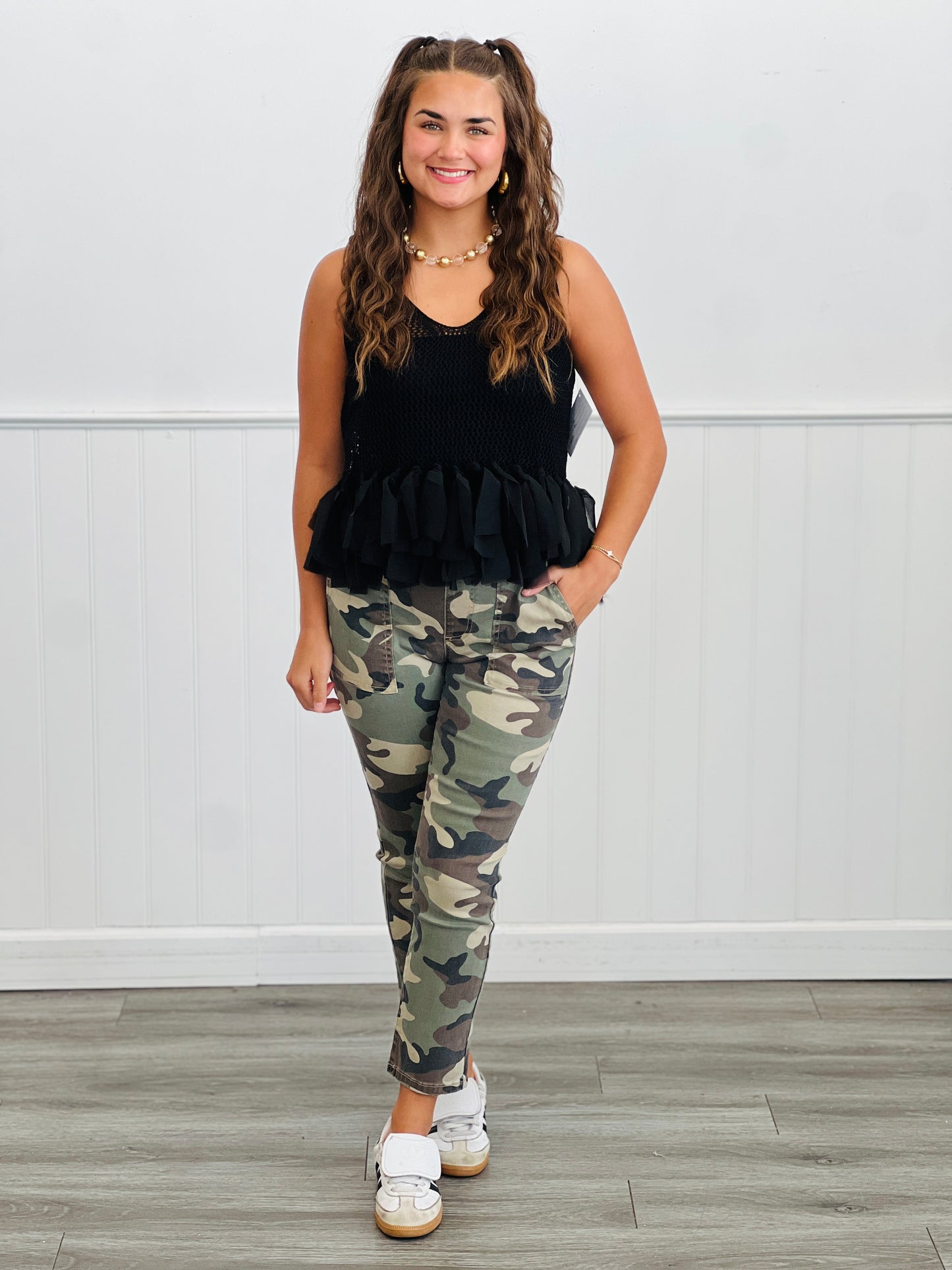 Olive Camo High Rise Cropped Pull On Pants (Reg. and Plus)