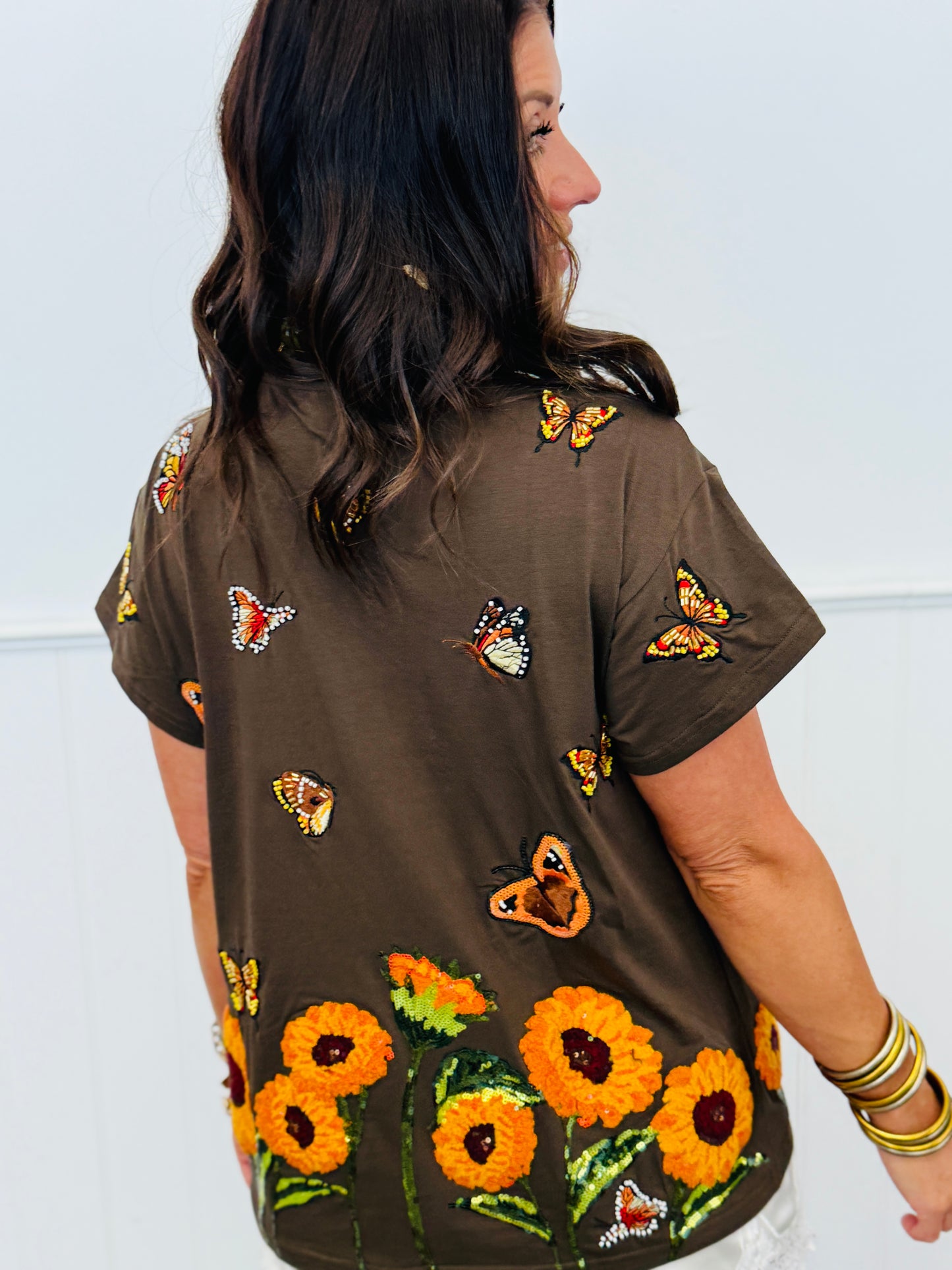 Queen Of Sparkles Brown Beaded Butterfly & Sunflower Tee (Reg. and Plus)