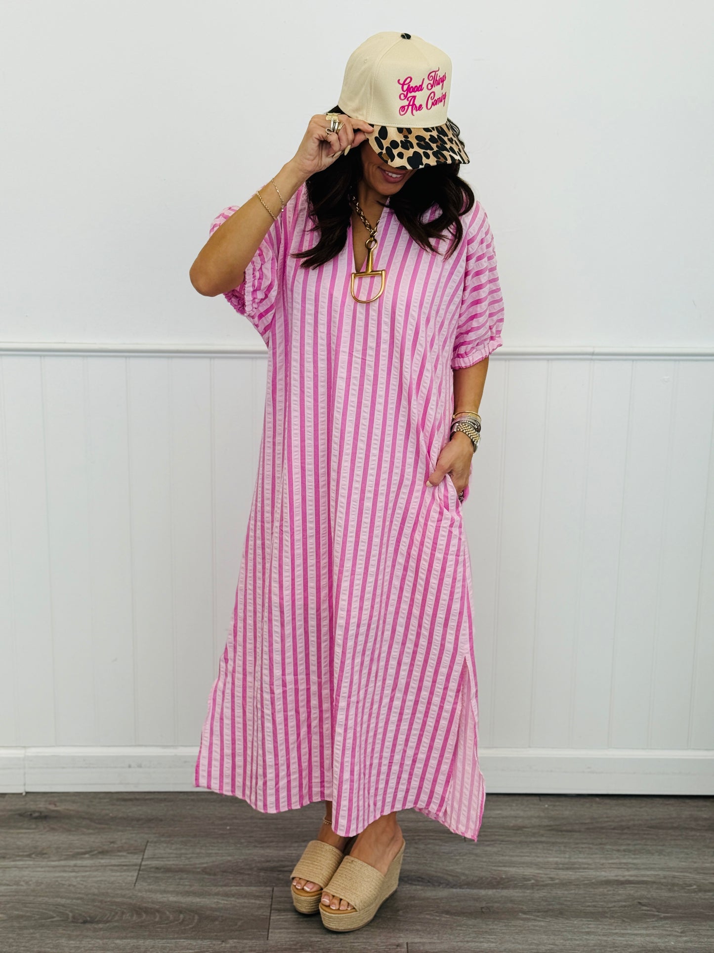 Pink Simply Striped Midi Dress (Reg & Plus)