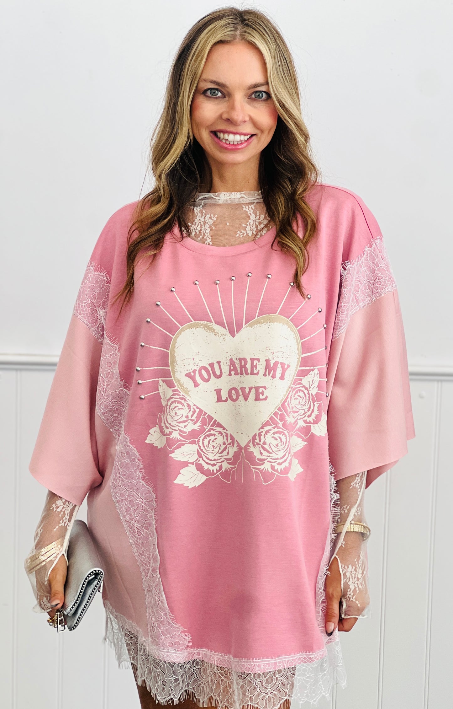 Pink You Are My Love Lace Detailed Top (Reg. and Plus)