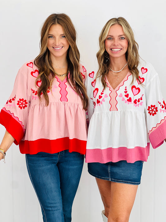 Heart Embroidered Scalloped Babydoll Top (Reg. and Plus) - 2 Colors