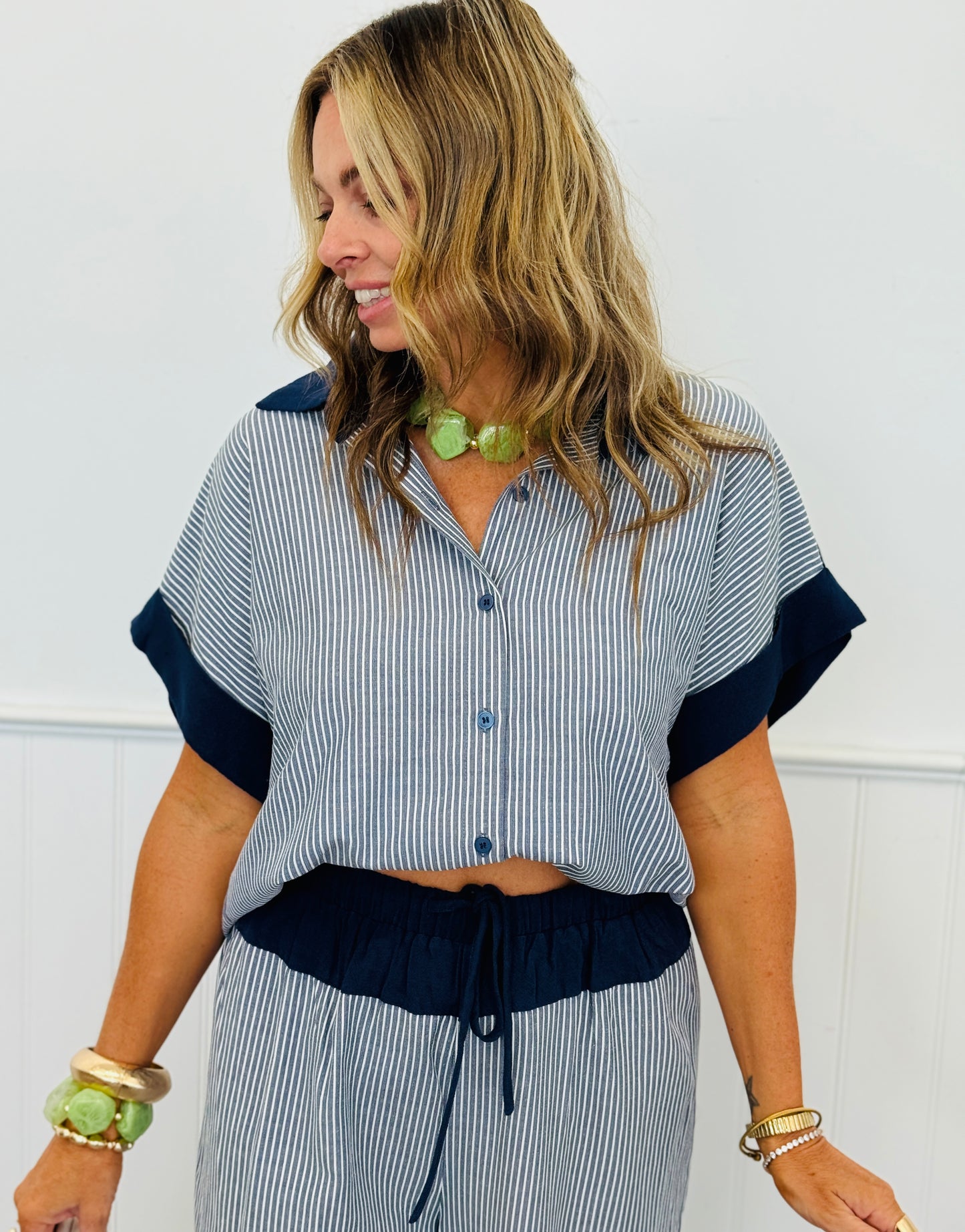 Denim Combo Stripe Top & Pants Set (Reg & Plus)