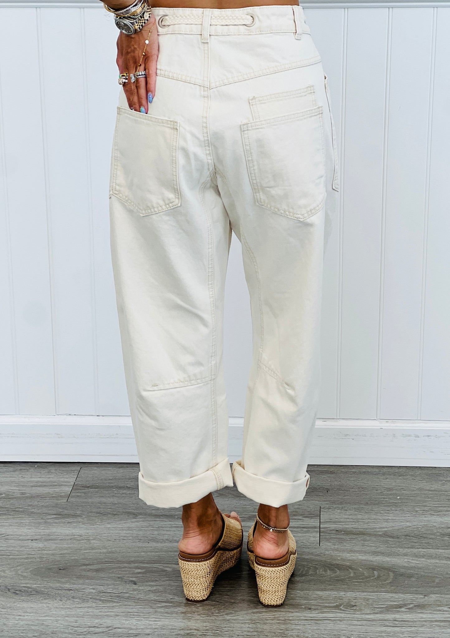 Cream Grommet Waist Denim Barrel Pants (Reg.)