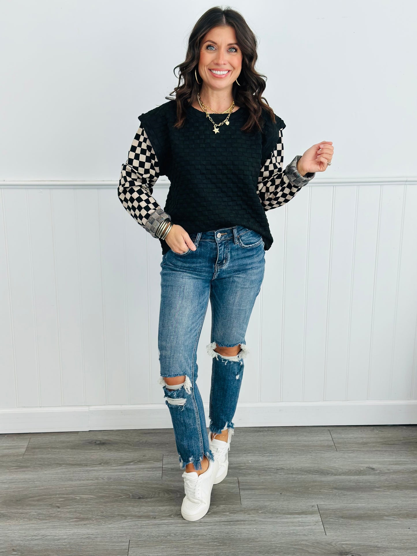 Checkered Quilted Pullover Top (Reg.)