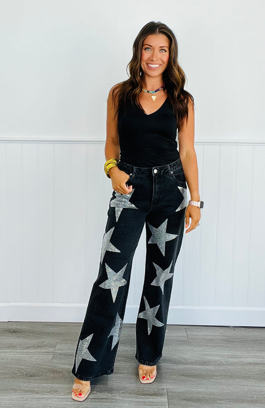 Black Rhinestone Stars Jeans (Reg)