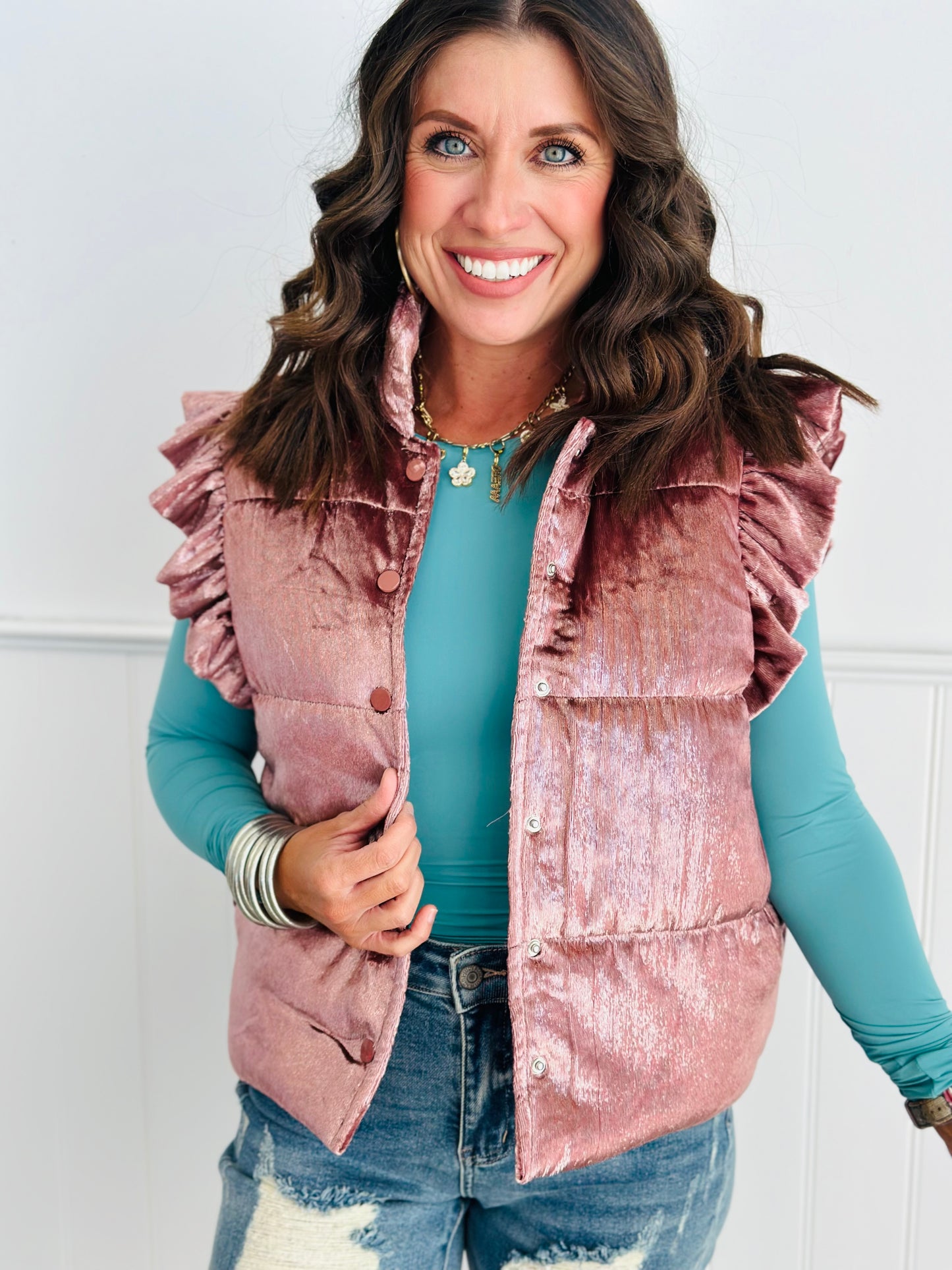 Champagne Shimmer Ruffle Sleeve Puffer Vest (Reg. and Plus)