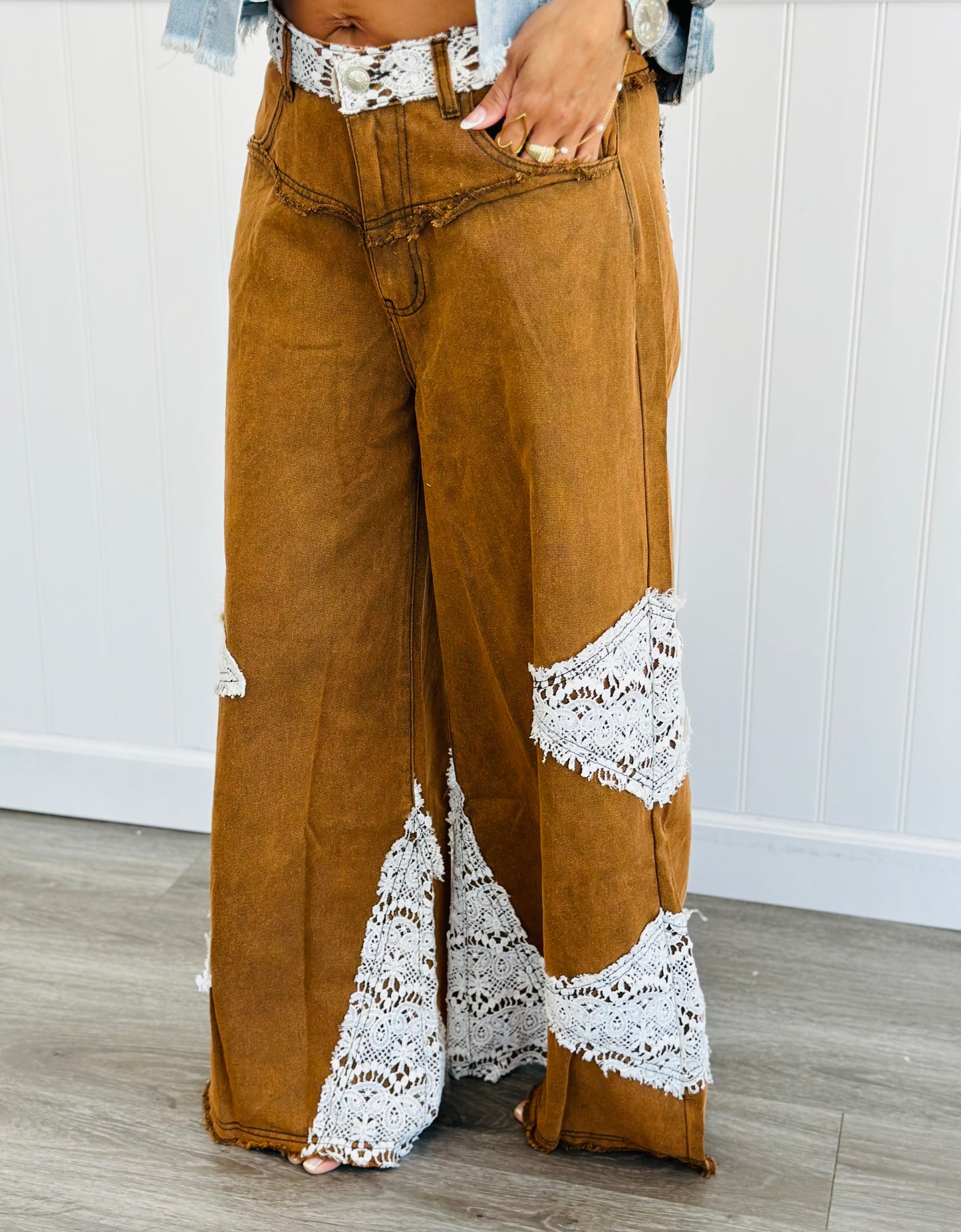 POL Rustic Brown Crochet Lace Wide Pants (Reg)