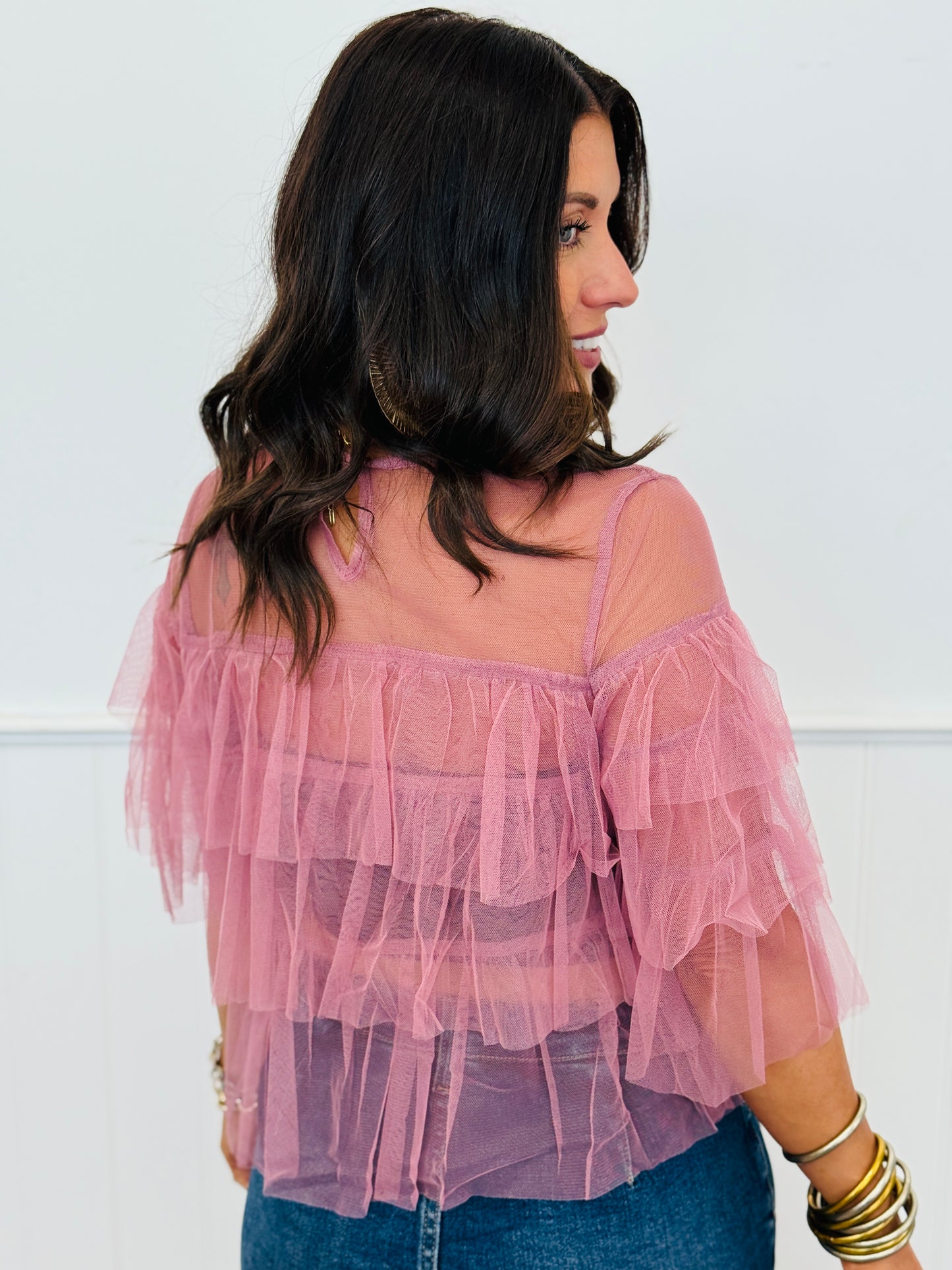 Sheer Mesh Ruffle Tiered Blouse (Reg.) - 3 Colors
