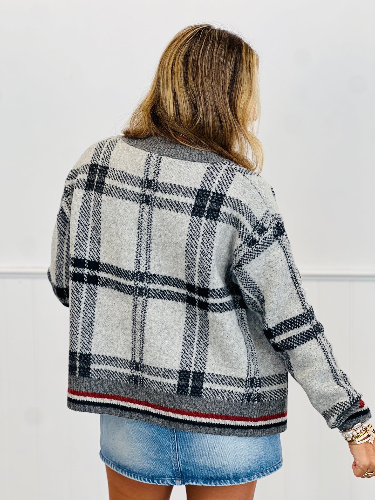 Grey Mix Plaid Sweater Cardigan (Reg.)