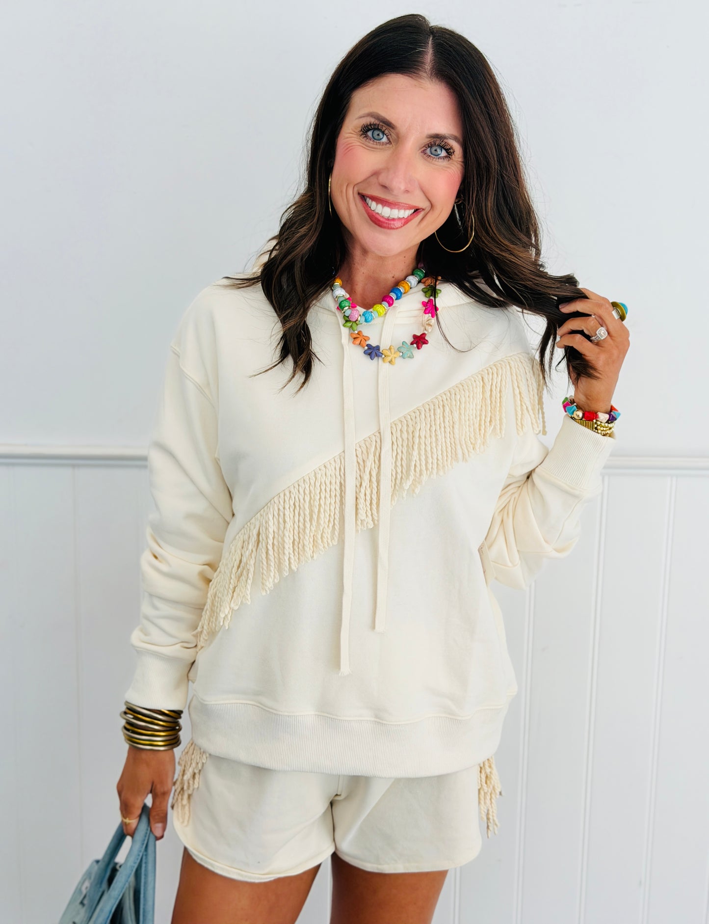 Cream Fringed Accent Hoodie Sweater Top (Reg.)