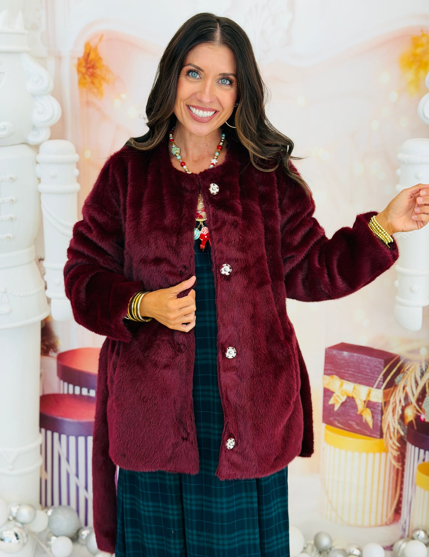 Burgundy Belted Faux Fur Round Neck Coat (Reg.)
