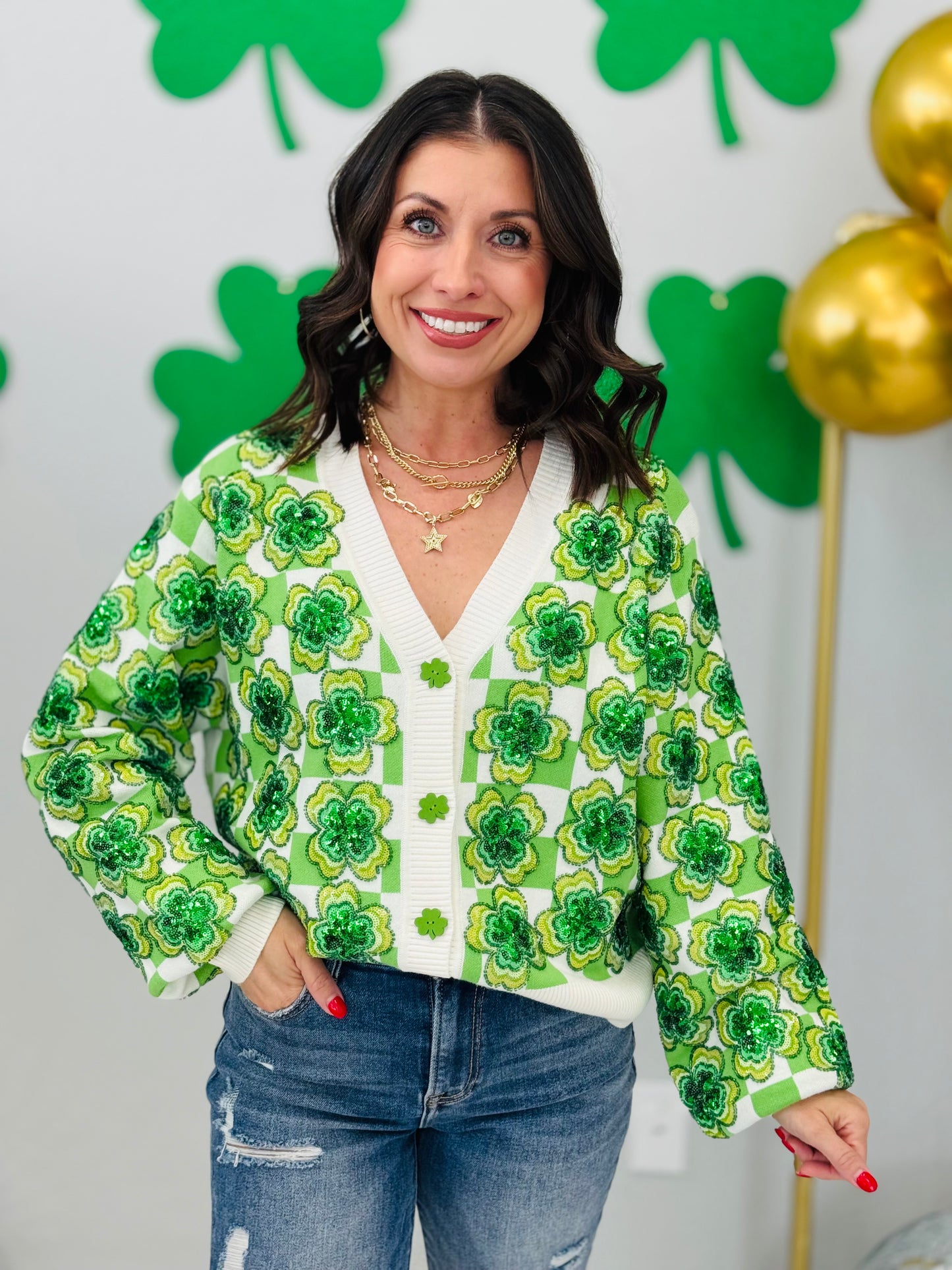 Queen Of Sparkles Checkered Sequin Shamrock Cardigan (Reg. & Plus)