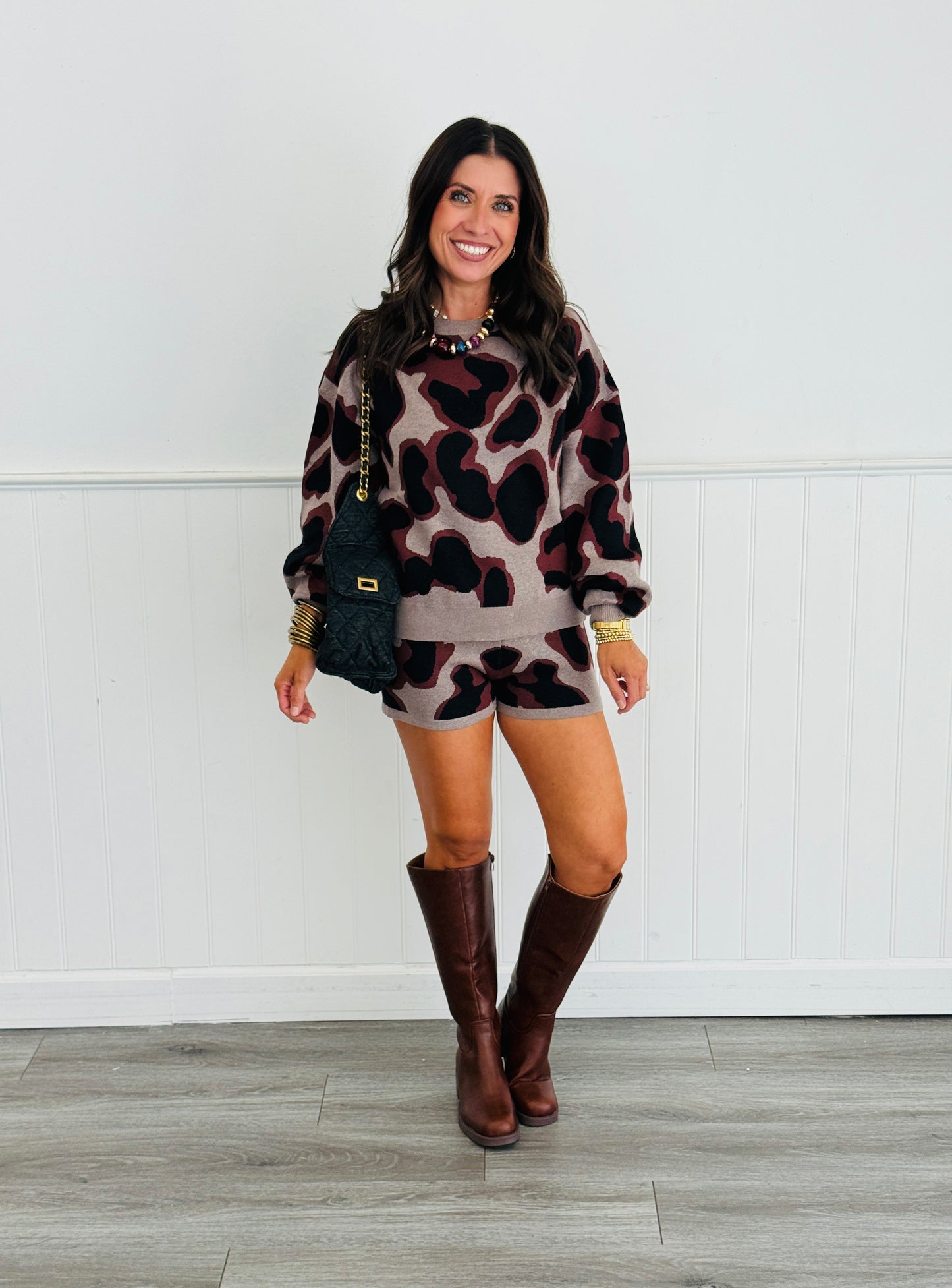 Grey Leopard Sweater Top & Shorts Set (Reg. & Plus)