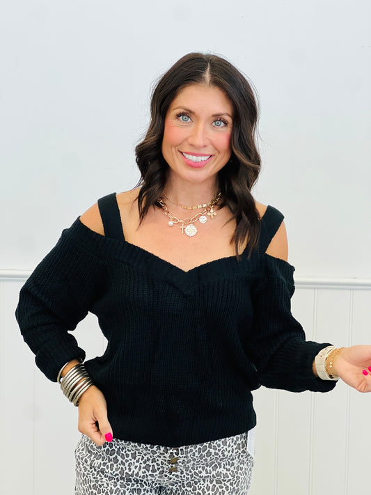 Black V-neck Cold Shoulder Sweater (Reg)